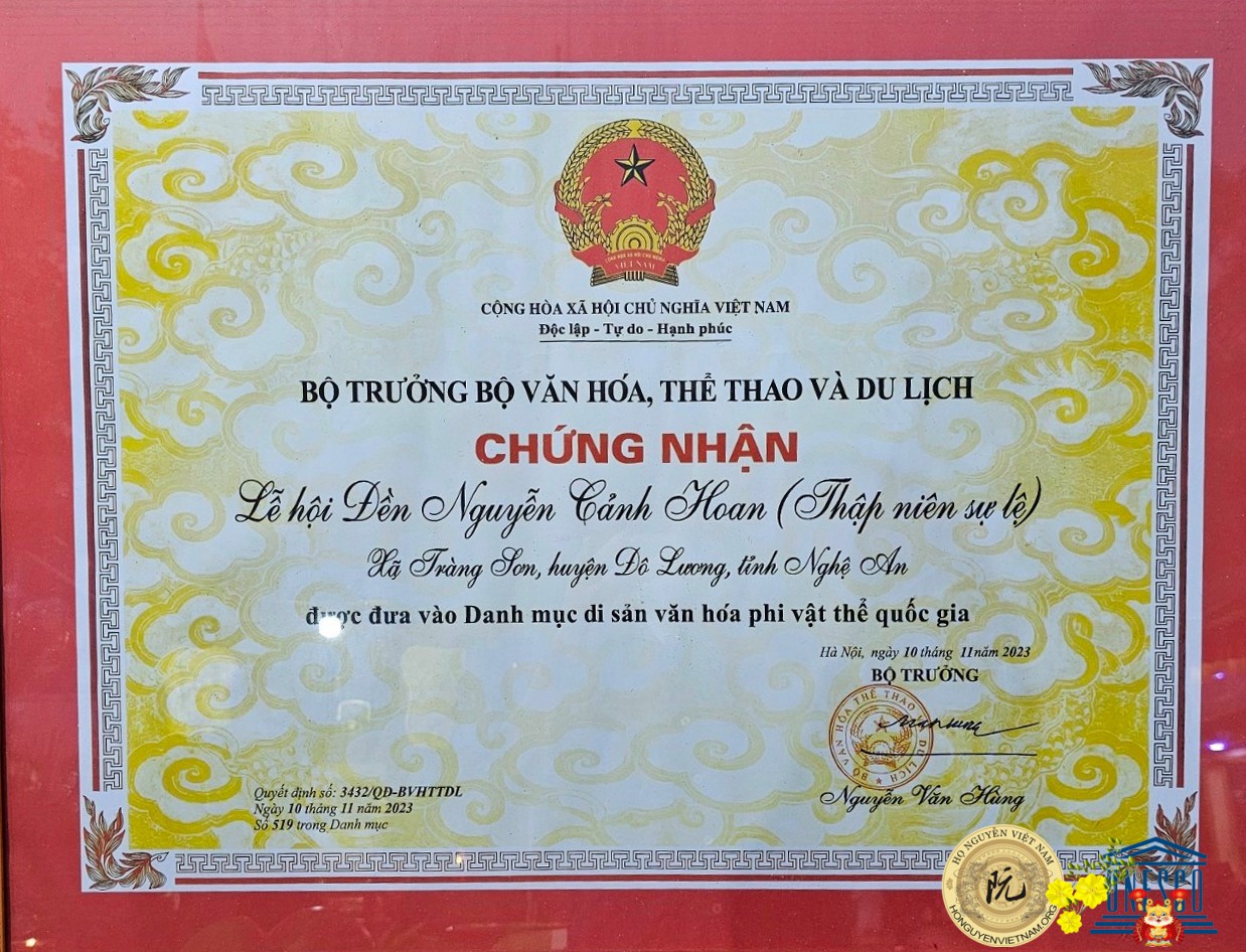 Lễ hội đền Nguyễn Cảnh Hoan được trao bằng Di sản Văn hóa phi vật thể Quốc gia